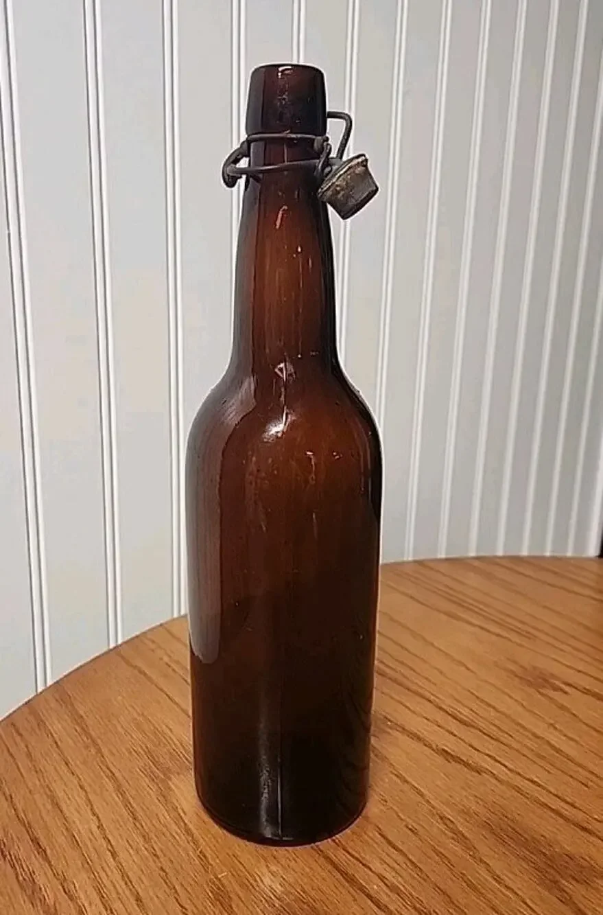 Antique Reed & Co Amber Beer Bottle w/Wire Bale Stopper 1880s, & Wooden Keg Tap